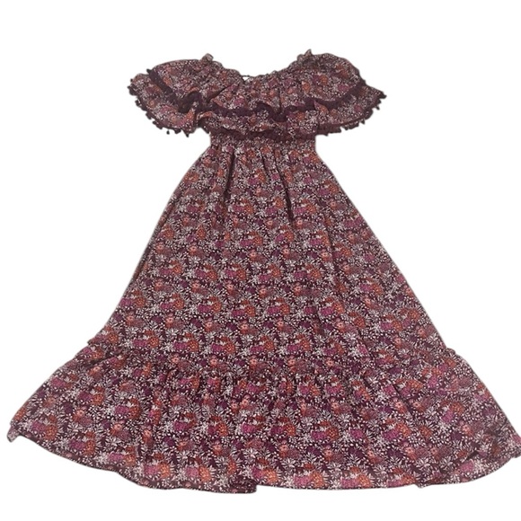 Misa Los Angeles Maribel Off the Shoulder Chiffon Pom Pom Floral Midi Dress XS - Picture 3 of 11